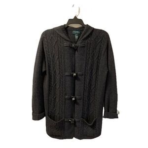 Ralph Lauren Cardigan Sweater Gray Sz L Horn Toggle Hood Cashmere Angora VTG